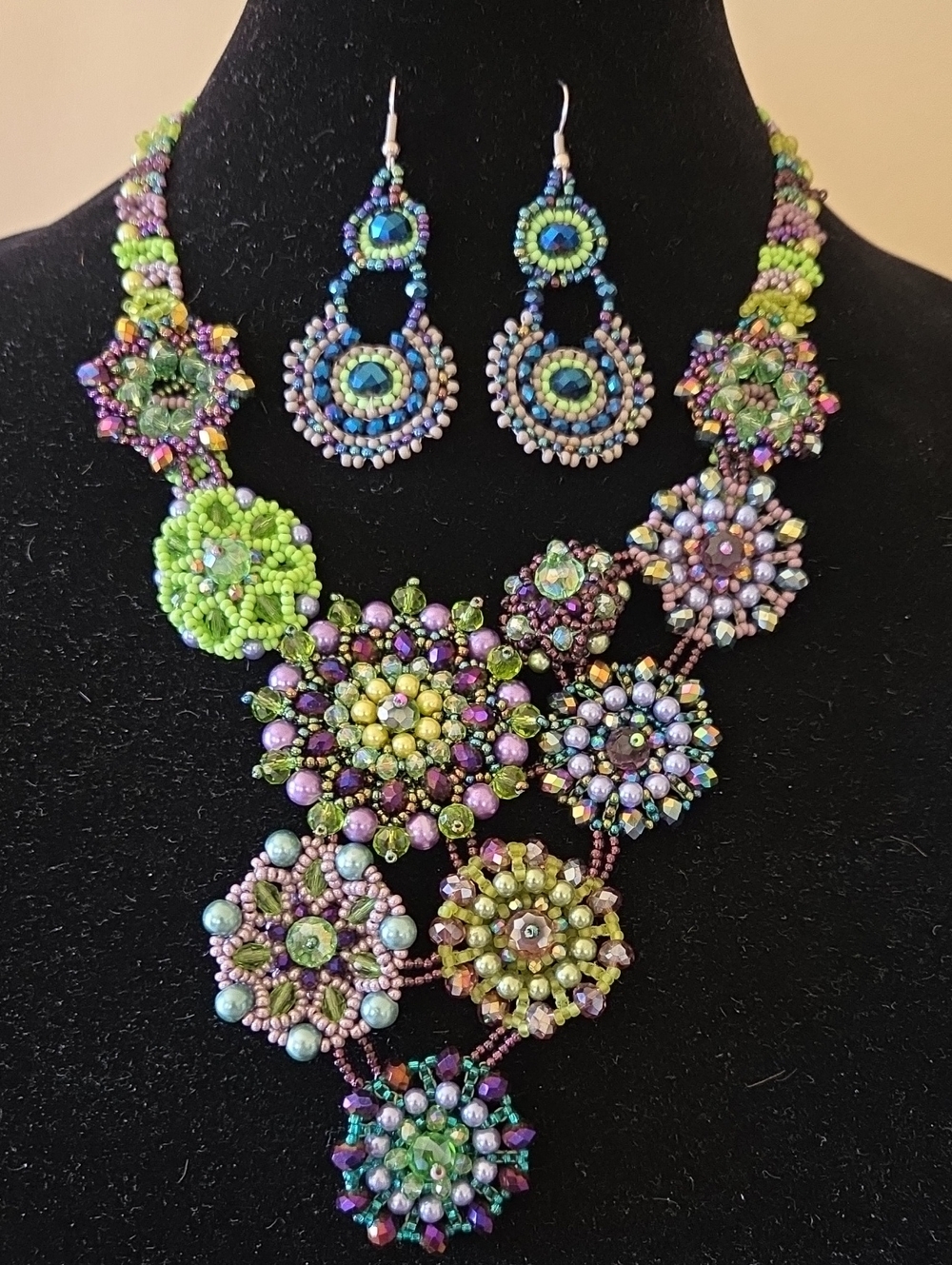One Of A Kind Handmade Multicolor Beaded Floral Necklace and Earring Set